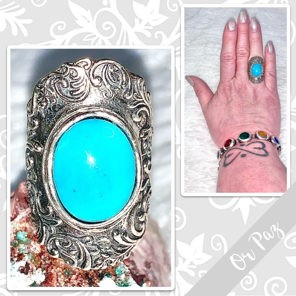 Or Paz Turquoise Large Sterling Silver Artisan Scroll Ring Sz 8 (Turquoise Blue)